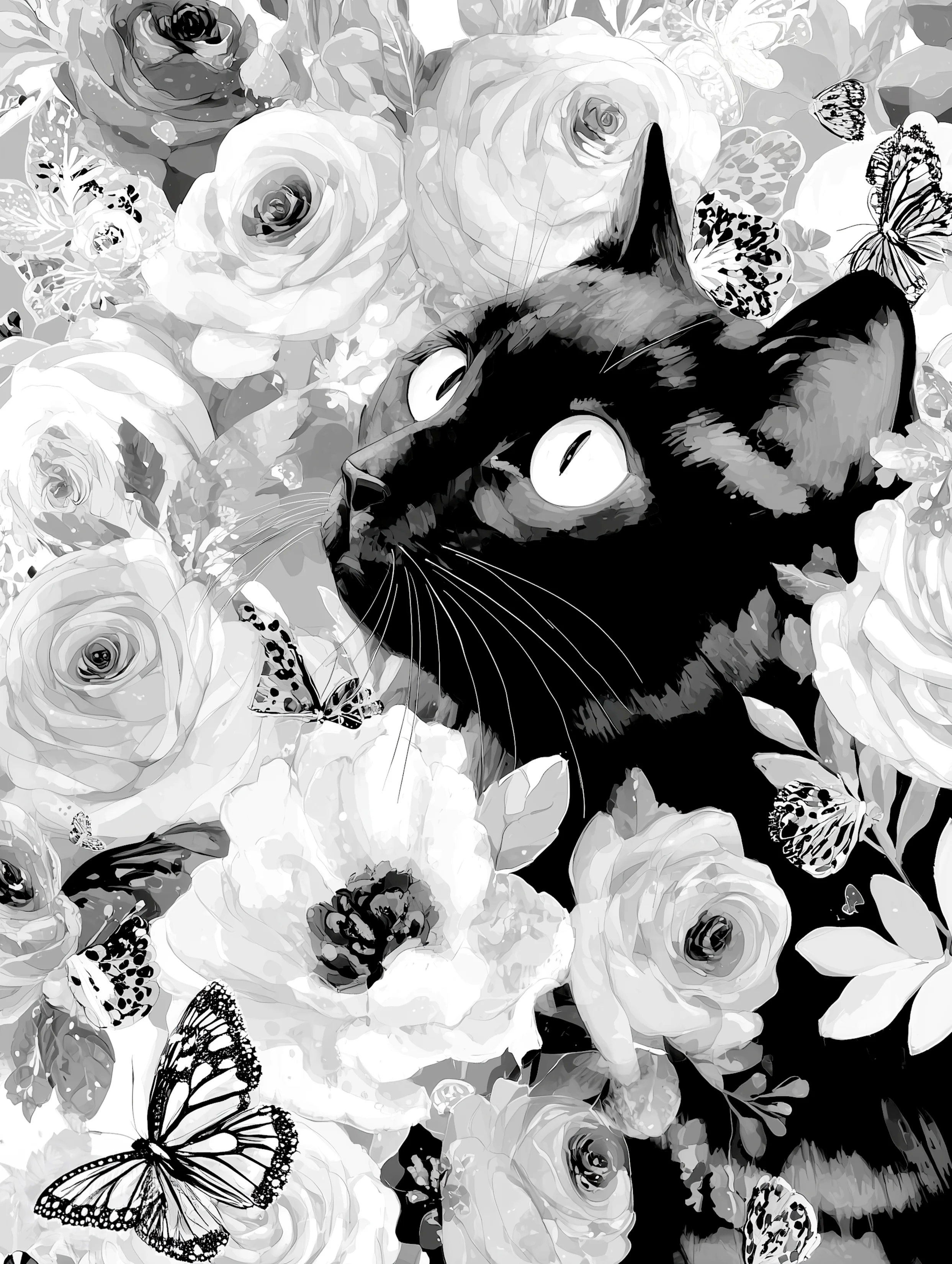 Free printable black cat coloring page for adults featuring hiding in a rose bush black cat